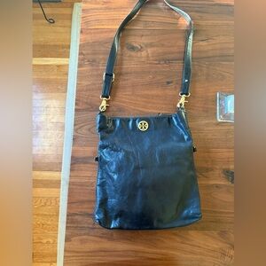 Tory Burch Dena Fold Over Black Distressed Leather Crossbody Purse Bag